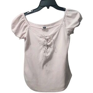 Pssst Lace-Up Top Puff Sleeve Sweetheart‎ Neckline Pink Shirt